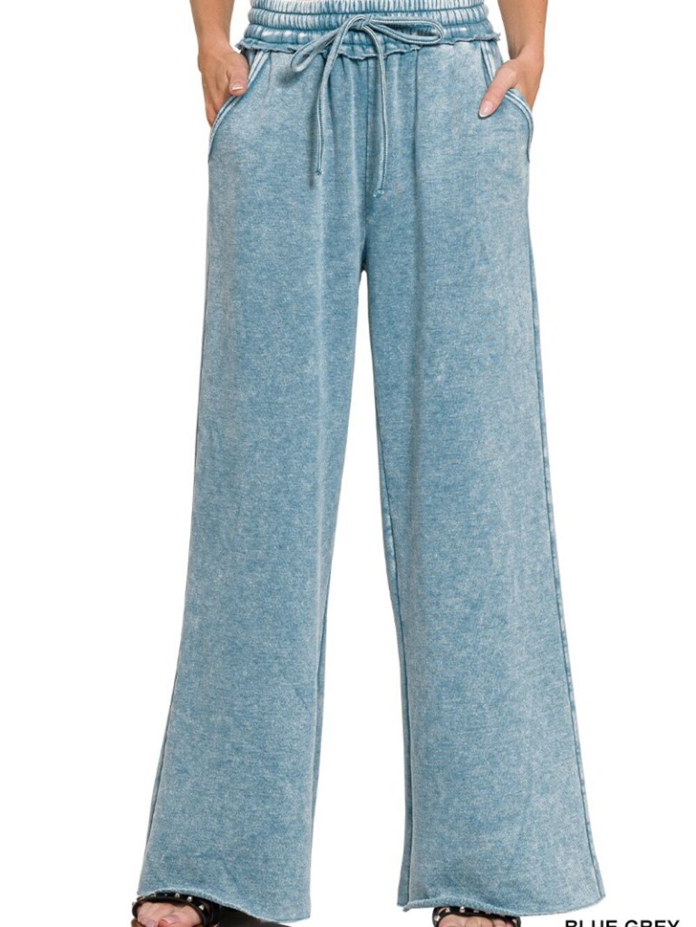 Acid Wash Fleece Palazzo Sweatpants With Pockets-blue grey